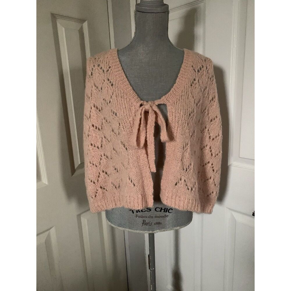 Pretty Ann Taylor Loft Pink Knit Cropped Cape Poncho  Tie Front M/L Barbiecore